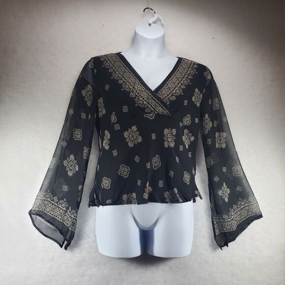 L Silk Bell Sleeve Surplice Wrap Blouse Babydoll Y2K 90s Style Sheer Top Shirt - Picture 6 of 10